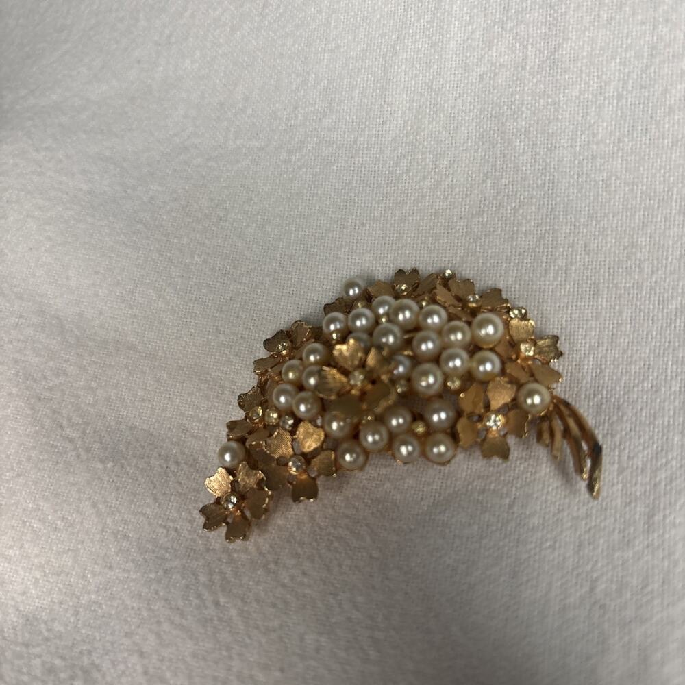 Vintage Floral Faux Pearls Rhinestones Pin Brooch Signed BSK